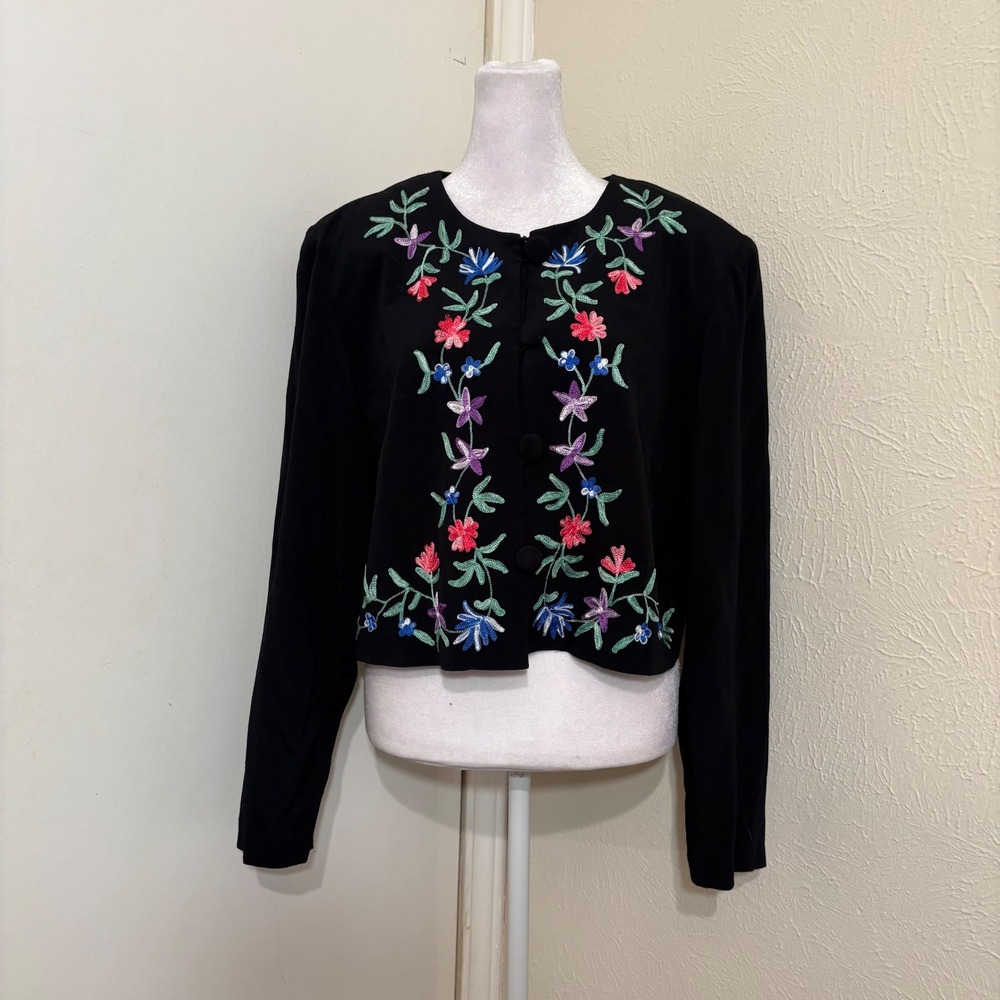 Karin Stevens Vintage 90s Black Embroidered Floral Cropped Blazer Jacket Size 14
